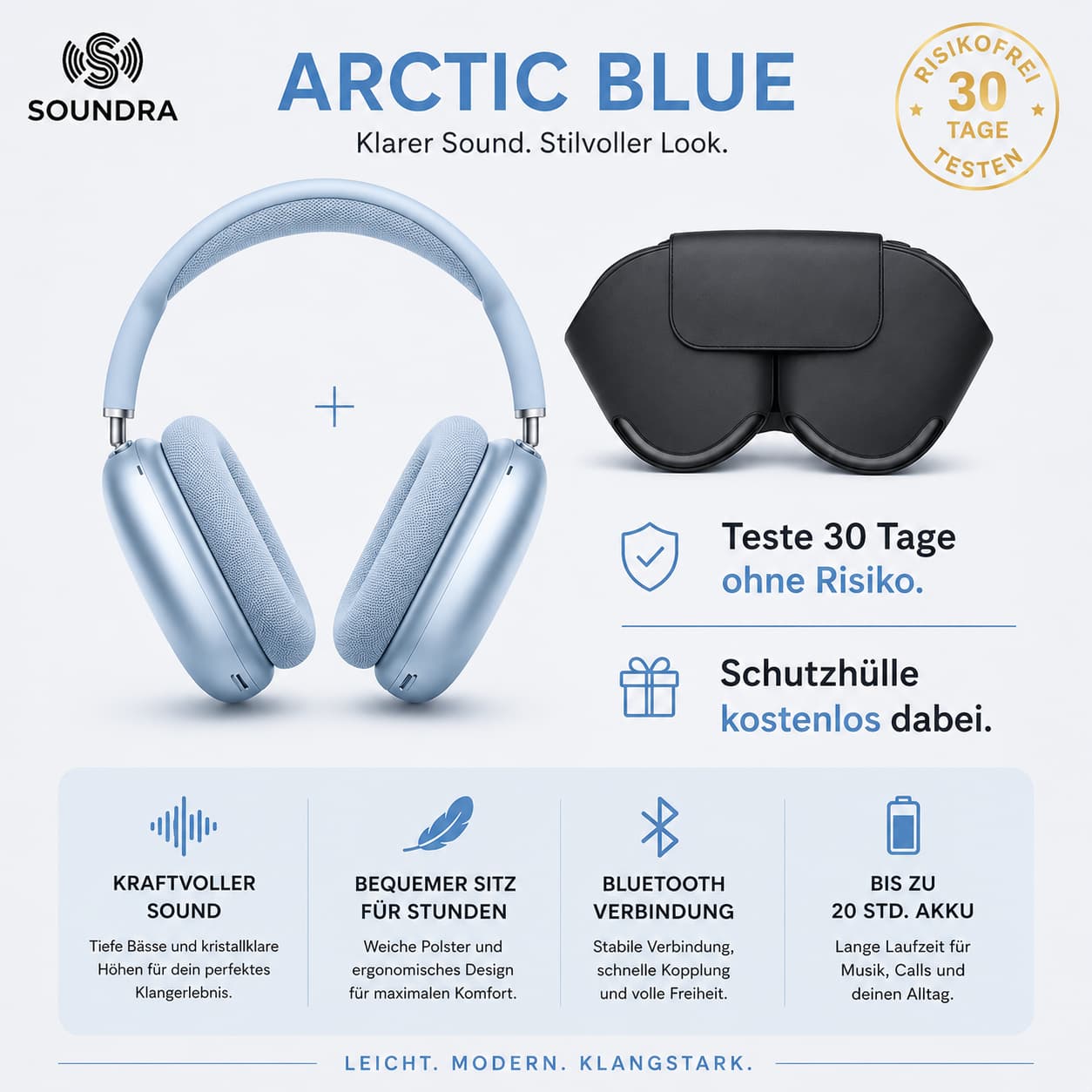 BassCore X Over-Ear Kopfhörer in Arctic Blue – Premium Wireless Headphones von Soundra
