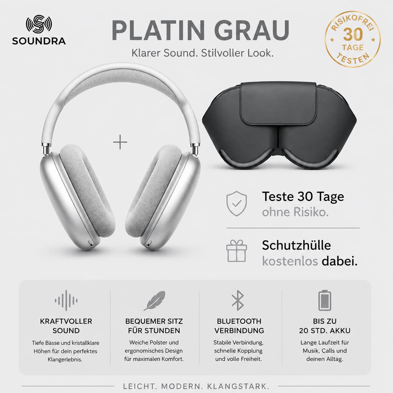 BassCore X Over-Ear Kopfhörer in Platin Grau – Premium Wireless Headphones von Soundran 