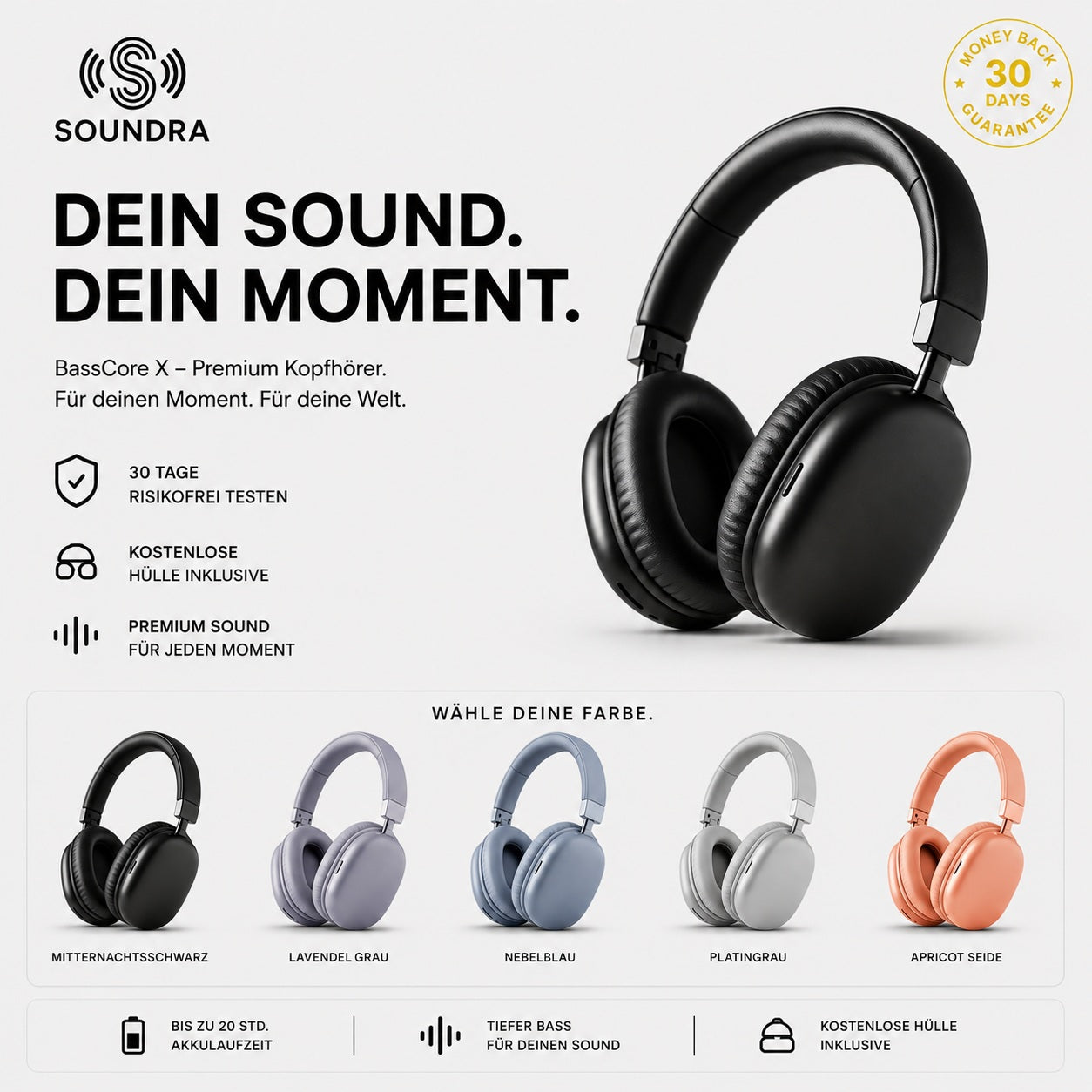 BassCore X Over-Ear Kopfhörer in 5 Farben – Premium Wireless Headphones von Soundra