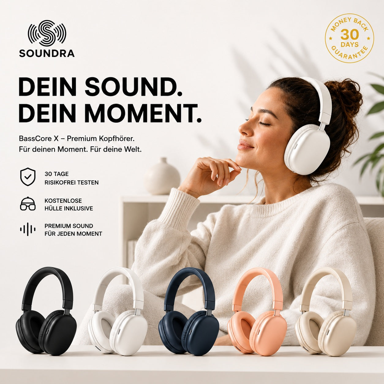 Person trägt BassCore X Kopfhörer – kabelloser Genuss im Alltag von Soundra 